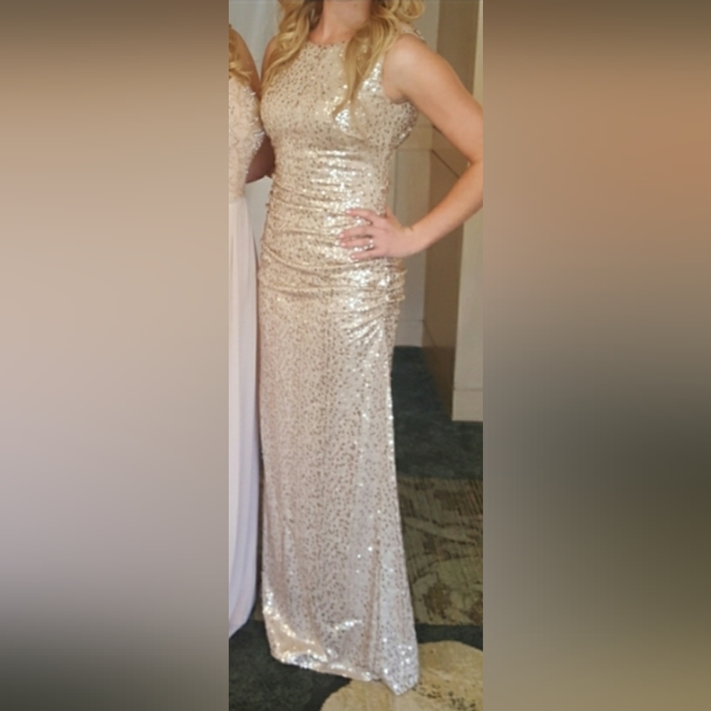 Gold sequin evening gown cowl back bridesmaids dress